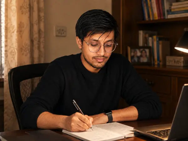 Ali writing at his desk