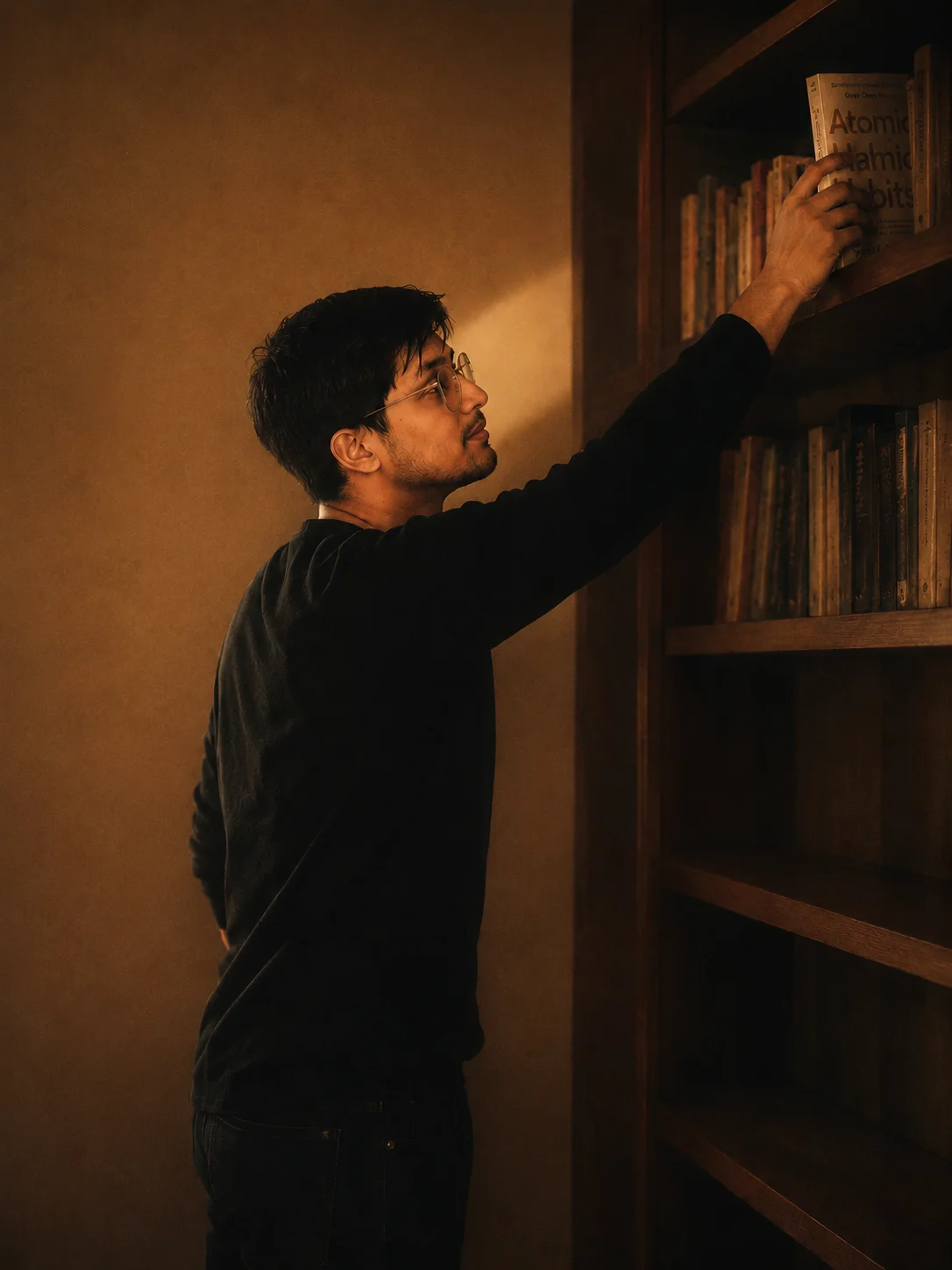 Ali reaching for a book on his shelf